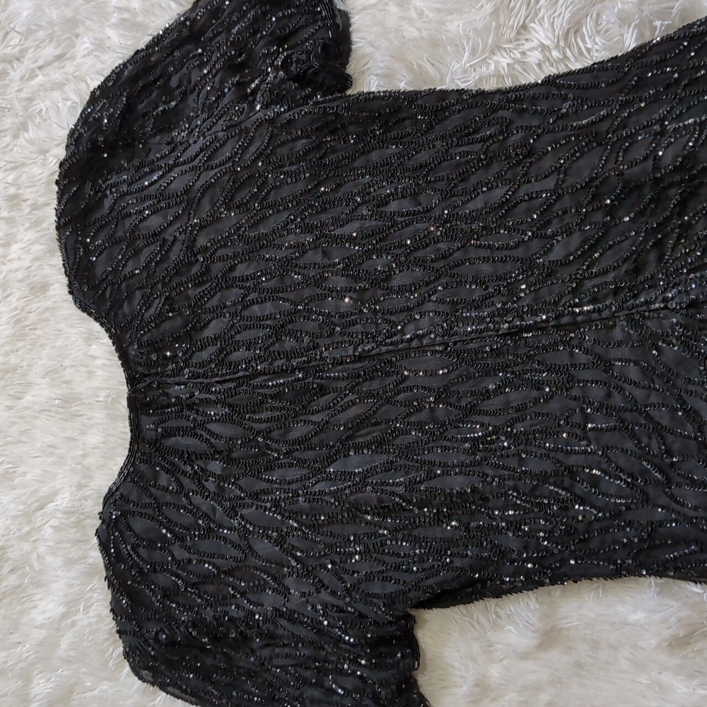 80s Vintage Silky Nites by Cherish Black Sequin & Beaded Cocktail Dress - Picture 8 of 15